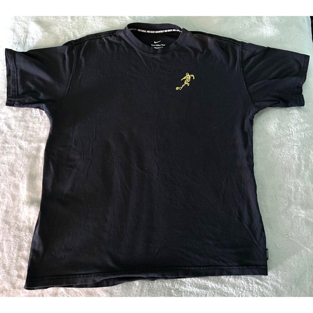 Nike Mens Medium Loose Fit Black Tee With Yellow Soccer F C Graphic Design